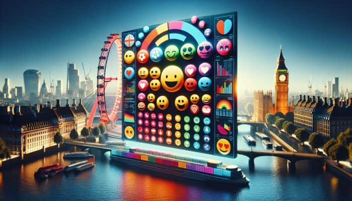 A digital interface with mood tracking graphs, emojis, and UK landmarks like Big Ben and the London Eye.