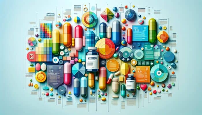 Bright infographic showcasing tips for creating supplement-centric content, featuring vitamins and capsules.