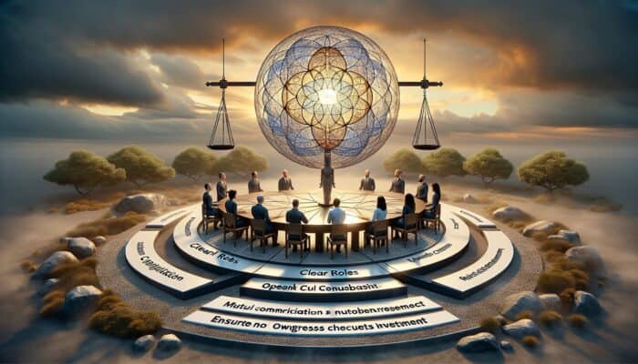 Infographic illustrating experts working together with clear roles, mutual respect, and open communication.