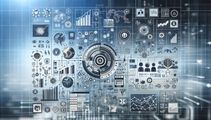 Infographic illustrating the critical elements of tech company research: financial performance, products, market trends, with icons and graphs on a tech-themed background.