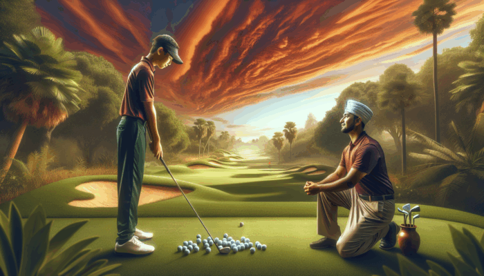 A junior golfer receiving expert fitness training on a lush golf course at sunset.