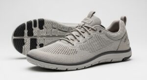 A pair of light gray Xero Shoes with mesh uppers, black and white rubber soles, and the brand name on the side. One shoe is upright; the other is on its side, highlighting the tread pattern designed for all-day comfort.