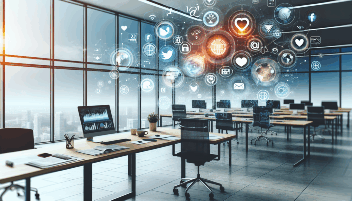 A vibrant digital workspace in Kingswood with social media icons, charts, and graphs, symbolizing expert management.