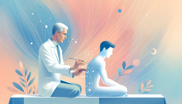 A serene acupuncture session with an expert treating a patient to prevent allergies, surrounded by soothing pastel colors and gentle lines representing energy flow.