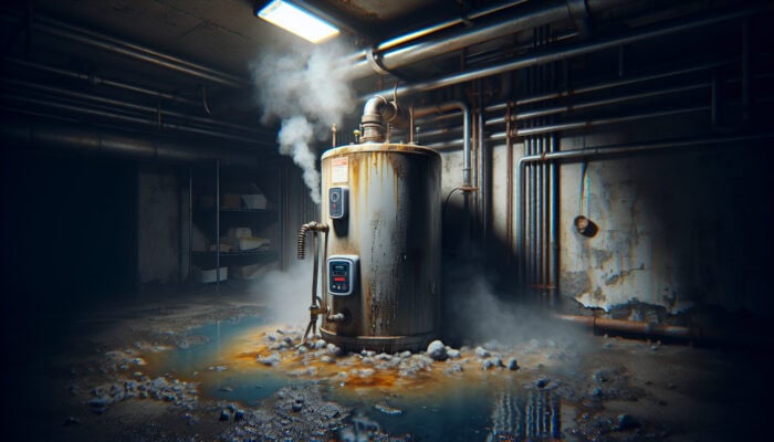 A distressed water heater in a basement, displaying rust, leaks, and steam with discoloured water surrounding it.