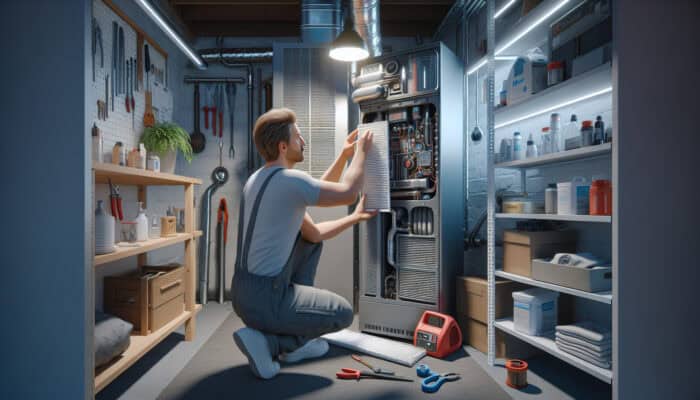 A homeowner performing DIY furnace maintenance in a basement workshop.