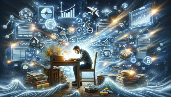 Focused owner in a bustling Nailsworth e-commerce shop analyzes keywords on a laptop, surrounded by graphs of rising traffic and converting customers.