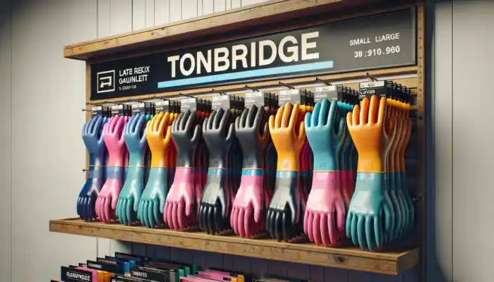 A display of latex gauntlet gloves in sizes from small to extra-large, featuring long cuffs and textured grips, in various colours on a Tonbridge shelf.