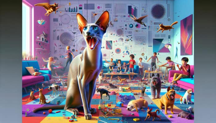 An Oriental Shorthair cat with large ears and piercing eyes meows loudly in a chaotic living room with playful children, barking dogs, and scattered toys.