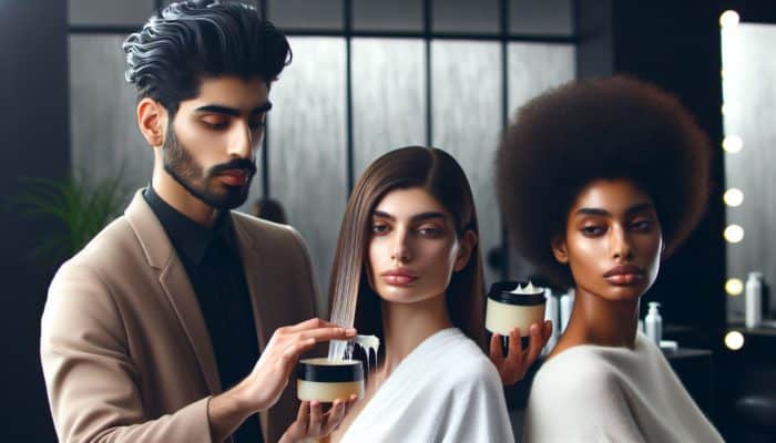 A hairstylist in a modern salon demonstrates wax application on three models: fine straight hair with minimal product, thick wavy hair for strong texture, and defined curls for natural bounce.