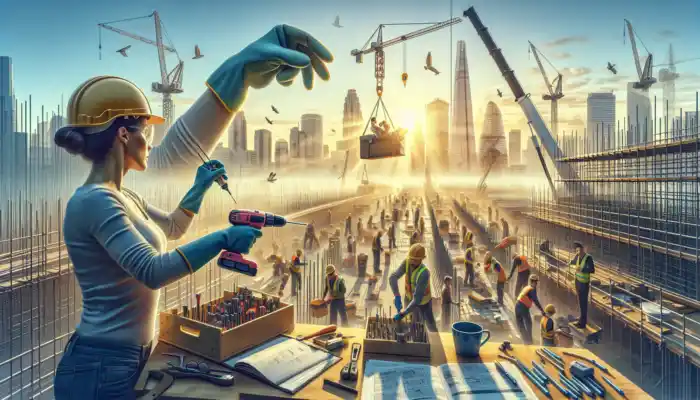 Busy UK construction site at dawn: workers in high-quality PVC gloves handling tools efficiently, with a sign showing 25% injury reduction under sunny skies.