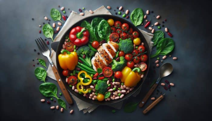 A colorful skillet meal with vegetables, chicken, and beans, offering nutrition and vibrant flavors.