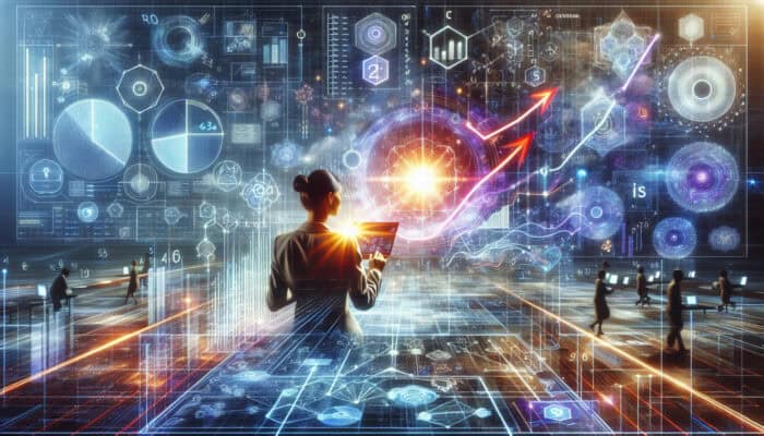 A professional virtual assistant analyzes performance metrics on a glowing screen, surrounded by holographic Google Analytics graphs and upward-trending charts.