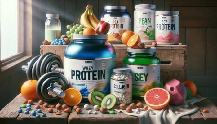 Display of protein powders: whey in blue tub, pea in green packaging, soy in yellow, collagen in jars, with fruits, nuts, and dumbbells.