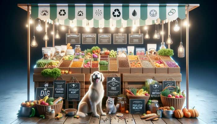 A vibrant market stall displays organic pet food in eco-friendly packaging, with fresh ingredients and sustainability symbols; a happy dog and cat eat nearby.