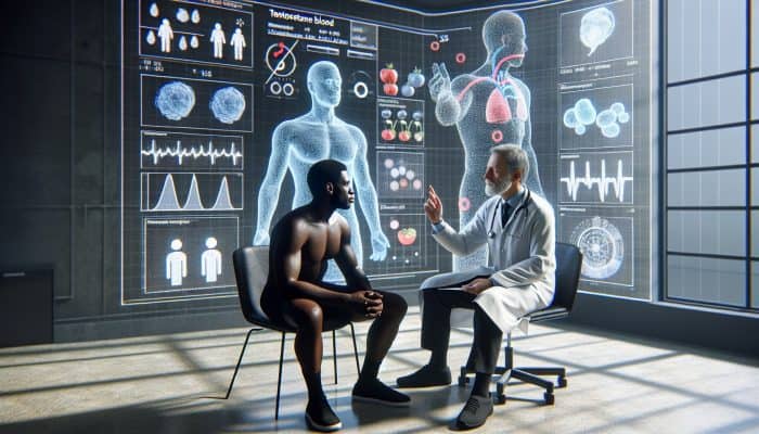 In a UK NHS clinic, a doctor in a white coat discusses testosterone test results with a concerned patient, pointing to a digital graph surrounded by health icons.