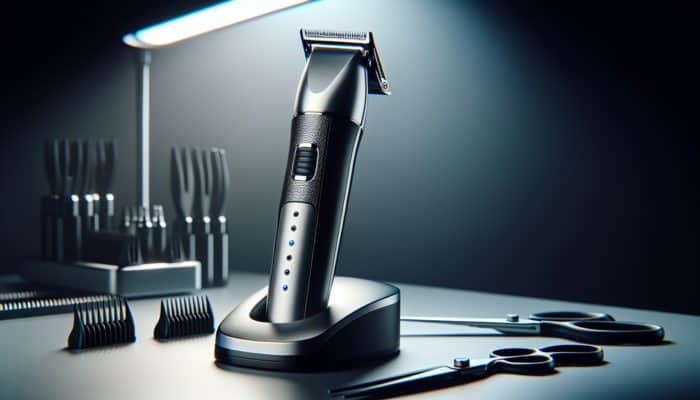 A modern edge detailing trimmer featuring stainless steel blades, an ergonomic handle, adjustable guards, and LED indicators on a grooming station.