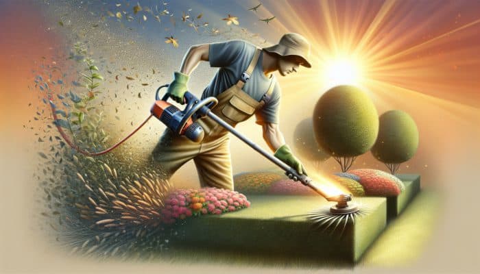 A skilled gardener utilises an adjustable electric trimmer in a sunlit garden to shape hedges and detail flower beds.