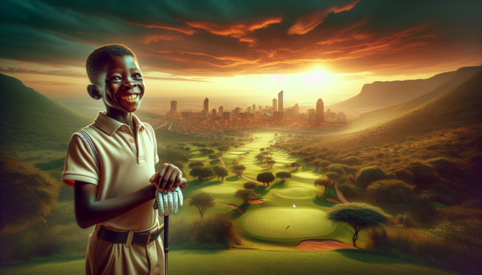 A beginner golfer in South Africa with affordable clubs on Fancourt's green, Sun City skyline at sunset.