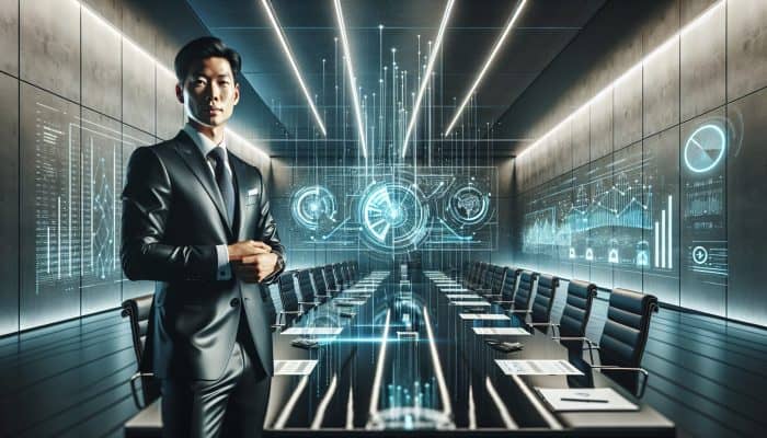 A sharp-suited negotiator in a high-tech boardroom, surrounded by holographic charts and beams of light symbolizing strategies.
