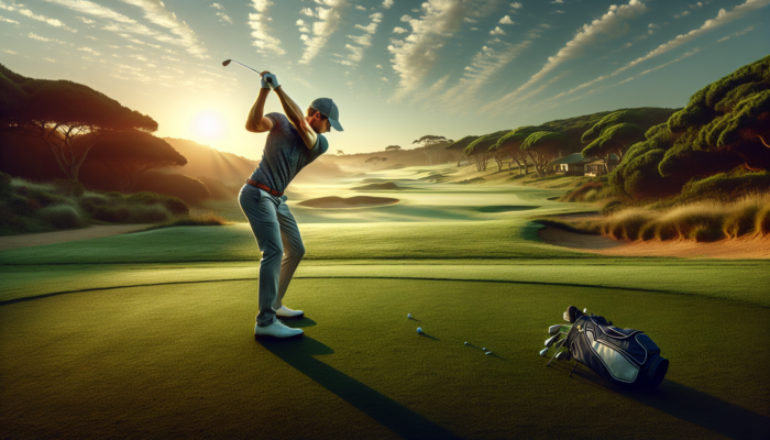 A South African golfer doing a dynamic warm-up on a green course at sunrise, stretching shoulders, hips, and wrists.