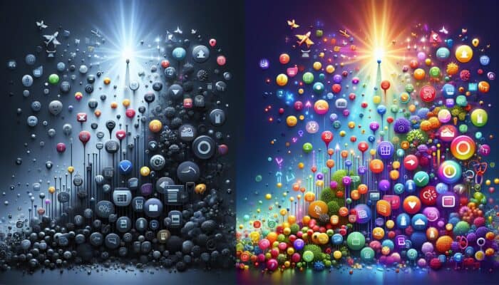 Illustration depicting SEO's impact: a dim, underperforming product page with low traffic icons versus a vibrant one with rising graphs and sales symbols.