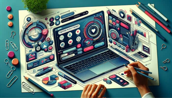 A vibrant digital illustration of a modern e-commerce page on a laptop, featuring intuitive navigation, easy buttons, and engaged users browsing.