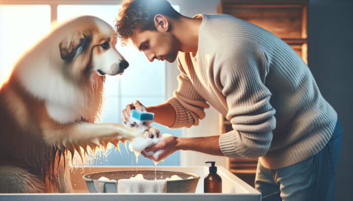 A caring owner gently rinses a fluffy dog's snow-covered paws with a sponge, dries them with a towel, and applies paw balm indoors.
