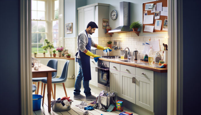 A brightly lit UK kitchen after house clearance, with a cleaner wiping countertops, sanitising the sink, and polishing appliances.