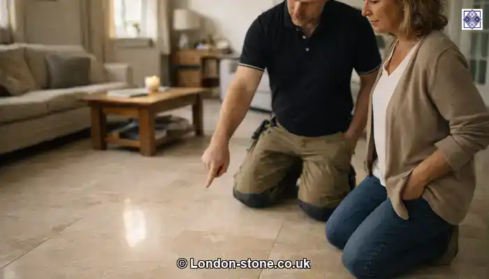 Professional demonstrating a careful test clean on a dull stone floor in a UK kitchen.