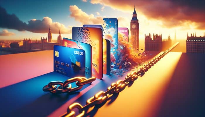 Is Debt Consolidation Only For Big Debts: Debunking the Myth | DCL Is Debt Consolidation Only For Big Debts: Illustration of UK debts like credit cards and loans merging under Big Ben, with breaking chains in a hopeful sunset glow, symbolising financial relief.