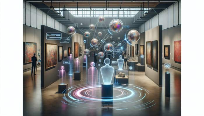A modern art gallery with holographic assistants scanning artworks, engaging visitors, and scheduling exhibitions.
