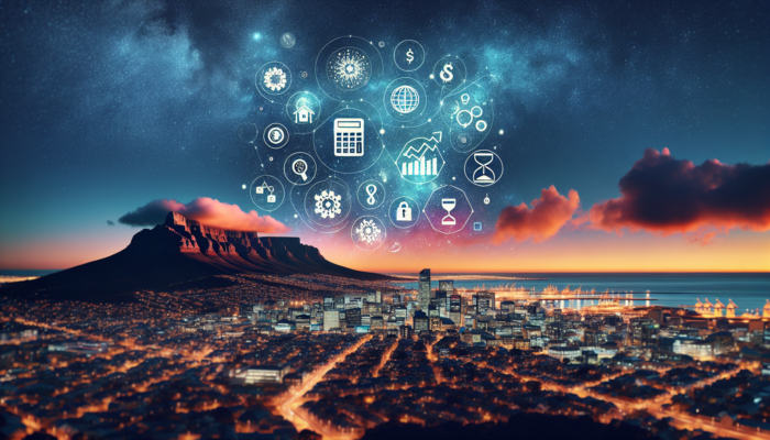 Cape Town cityscape at dusk, showcasing Table Mountain and affordability symbols like graphs, charts, and maps under a starry sky.