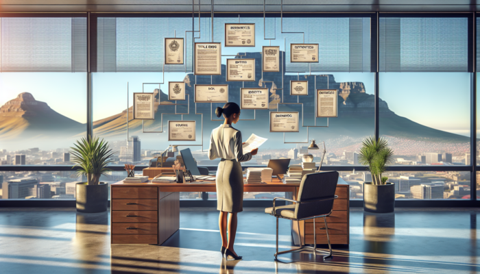 Diverse real estate agent in Cape Town office reviewing documents like title deeds and bank statements, with Table Mountain glowing under golden sunlight.