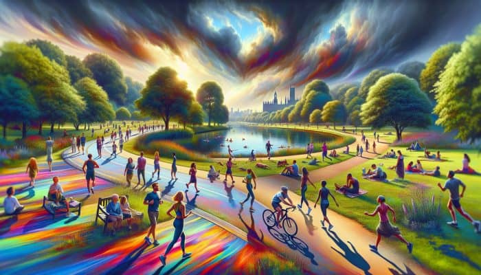 A lively UK park filled with people engaging in various activities such as walking, cycling, swimming, yoga, running, and gardening.