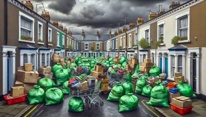 Budget-Friendly Tools for UK House Clearance: Cluttered British terraced house during clearance, with overflowing green skip bags and loaded second-hand trolleys under a grey sky.