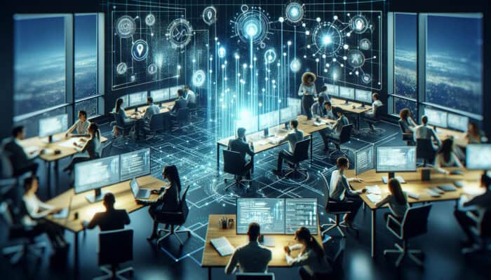 In a bustling tech startup office, diverse virtual assistants collaborate on a holographic chart, assigning tasks by strengths for scalable productivity.