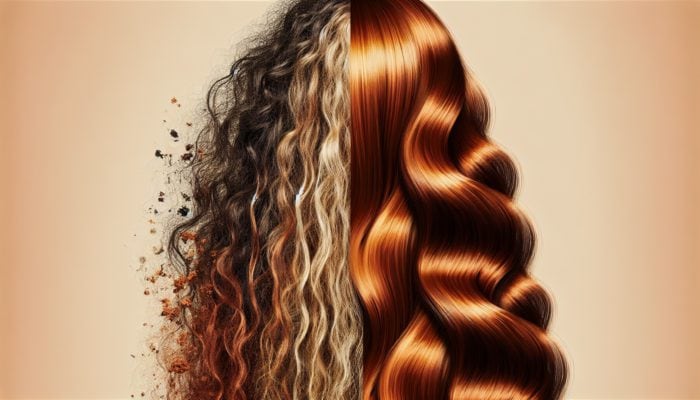 Split image of a woman's long hair: one side dry and damaged with patchy muted auburn dye, the other smooth and vibrant after conditioning.