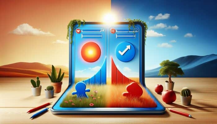 Dashboard showing A/B testing: two website mockups with a red "Join now" button and a blue "Sign up today" button, surrounded by rising conversion graphs.