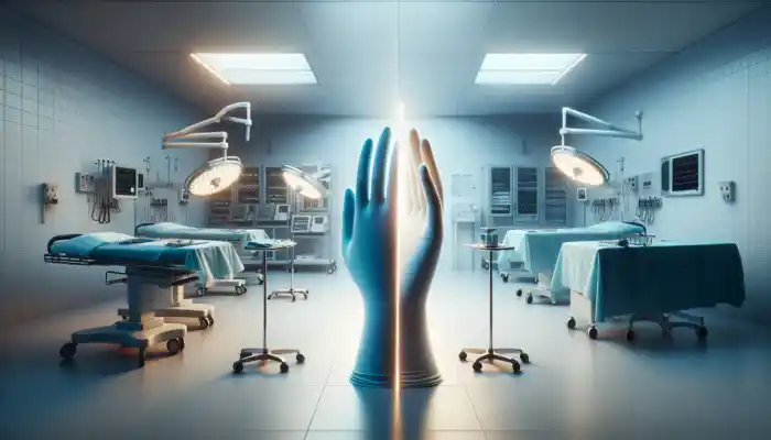 Split-image of UK hospital gloves: left shows flexible nitrile examination gloves with smooth texture; right depicts high-grade latex surgical gloves with superior fit and durability under clinical lights.