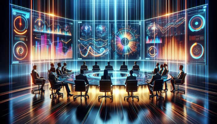 Experts in sleek attire analyze glowing data charts and holograms of virtual assistants in a futuristic conference room.