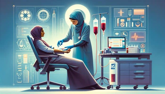 When to Take a Pregnancy Blood Test: A nurse draws blood from a pregnant woman's arm in a modern UK GP surgery, with NHS logos and lab equipment in the background.