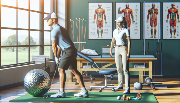 South African golfer performs physiotherapy exercises in a sunny Durban clinic, using resistance bands and a golf club with therapist guidance.