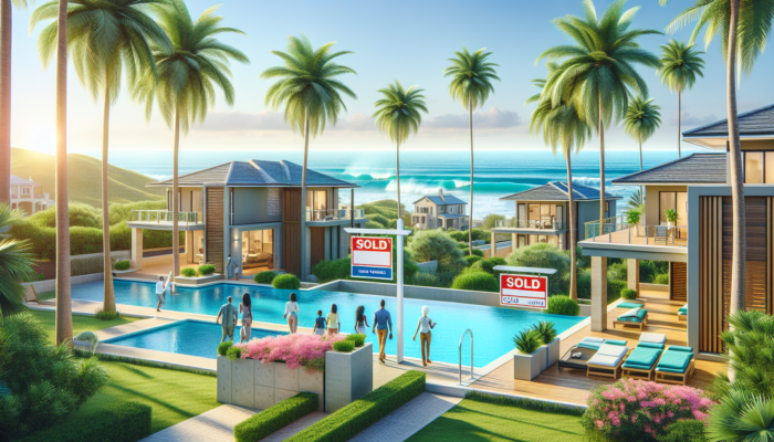 Modern homes in Umhlanga with sold signs on manicured lawns, overlooking ocean waves, swaying palm trees, and buyers under sunny skies.