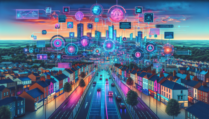 Futuristic Swindon cityscape at dusk with holographic AI showing personalized marketing to locals, social media sales, and subtle UK symbols.