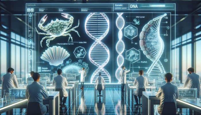 UK scientists in a modern lab examine DNA strands with shellfish holograms; Tipton map shows personalized intolerance care.