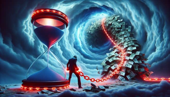 A borrower trapped in glowing red debt chains, with an oversized hourglass spilling sand into a swirling currency vortex under a stormy sky.