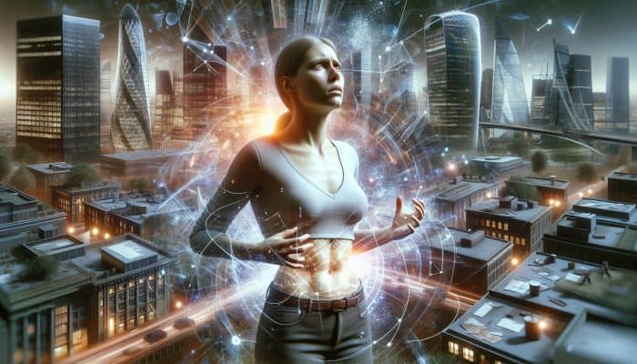 A stressed UK woman in London's skyscrapers, with glowing particles symbolizing cortisol, showing midsection weight gain.