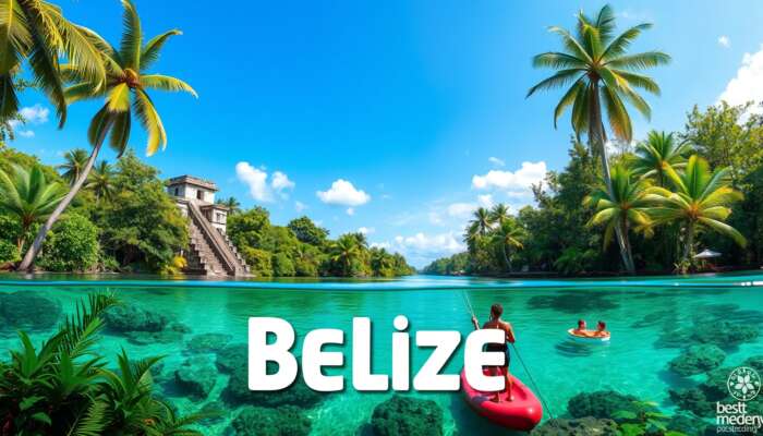 Vibrant Belizean landscape featuring lush jungles, ancient Mayan ruins, crystal-clear waters, and travelers enjoying cultural sites, adventure activities, and eco-friendly wellness retreats under a bright blue sky.