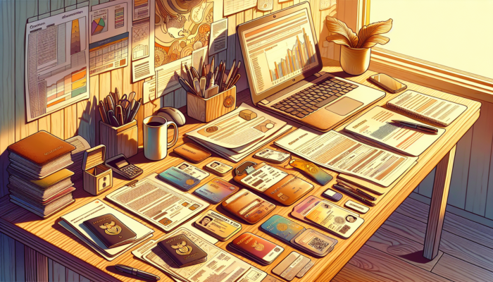 A cluttered wooden desk in a sunny South African home office with documents like ID, passport, bills, payslips, laptop, and coffee mug.